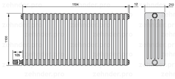 Схема (чертеж) Радиатор Zehnder Charleston 6110/24 №V003 Белый глянцевый RAL 9016